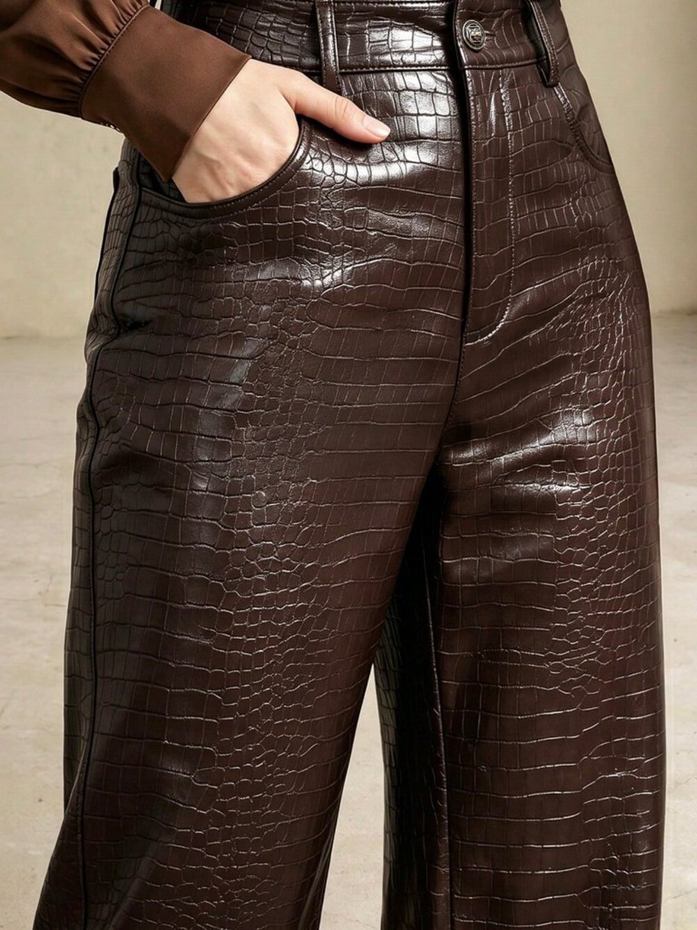 Coffee Brown Elegant Women's Faux Leather Wide Leg Pants - Picture 6 of 6